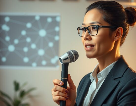Professional speaking into microphone in modern office with AI network visualization in background
