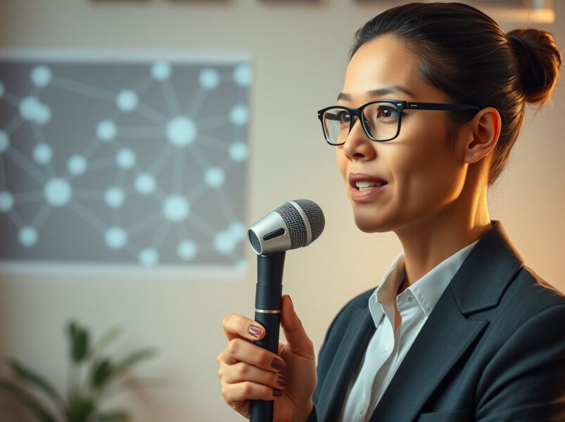 Professional speaking into microphone in modern office with AI network visualization in background