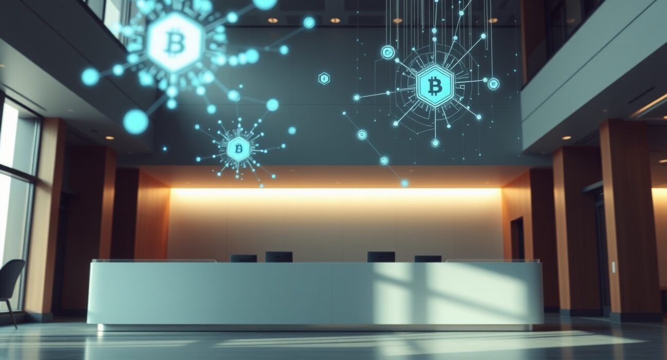 Modern bank interior with digital blockchain and privacy network overlays