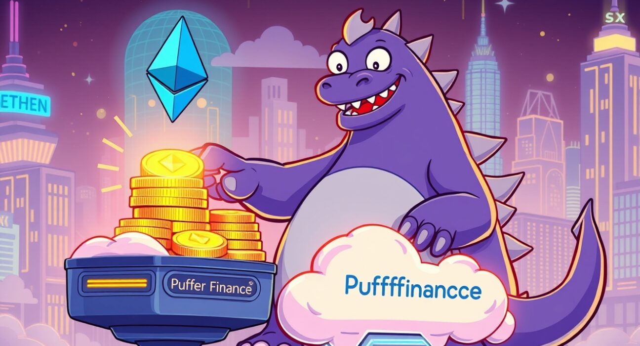 Cartoon monster ETHzilla depositing Ethereum into Puffer Finance, highlighting a major institutional ETHzilla deposit into liquid restaking.