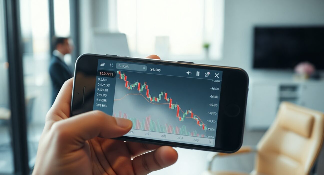 Smartphone displaying a declining cryptocurrency price chart on a trading app, illustrating eToro's July volume drop.