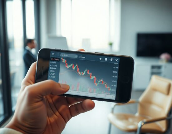 Smartphone displaying a declining cryptocurrency price chart on a trading app, illustrating eToro's July volume drop.