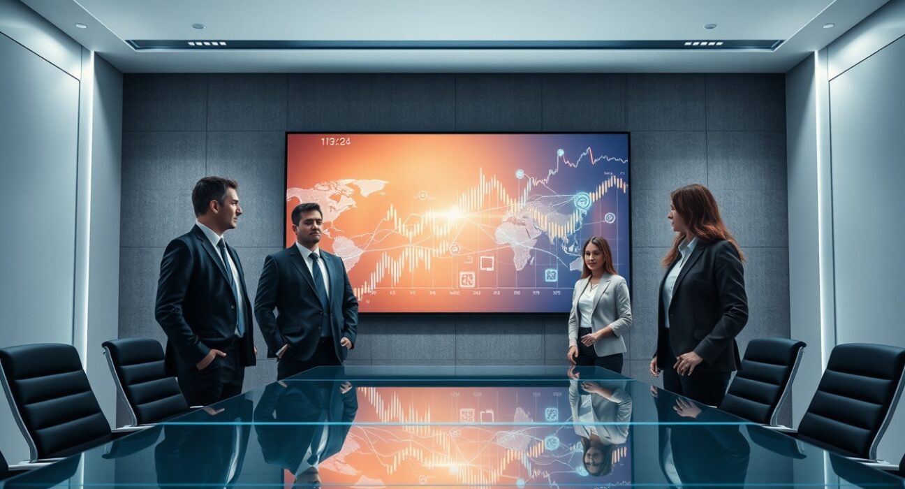 eToro executives and team reviewing blockchain data on a large screen in a modern boardroom