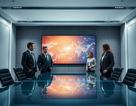 eToro executives and team reviewing blockchain data on a large screen in a modern boardroom