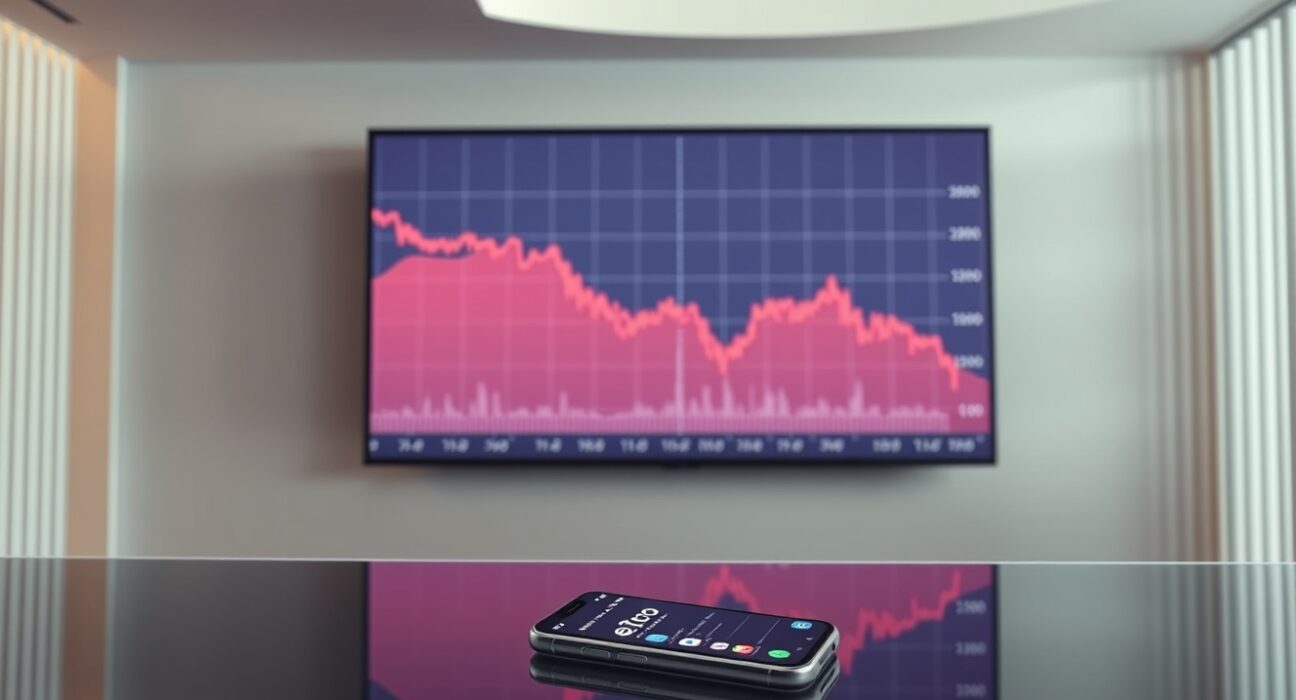 eToro crypto revenue decline Q1 2025 with trading chart on office screen