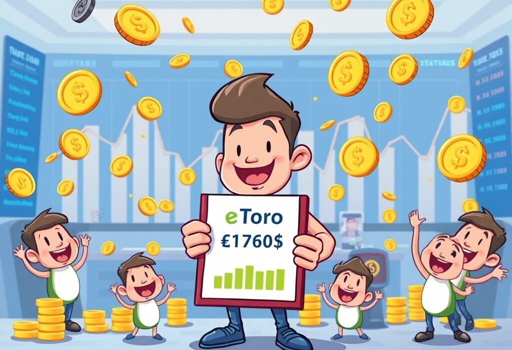 A cartoon illustration depicting eToro's impressive Q2 profit and strong financial results, showcasing growth and success.