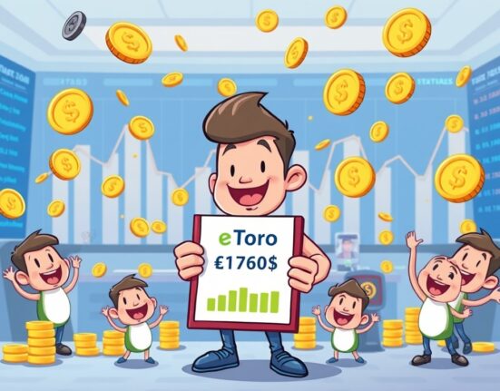 A cartoon illustration depicting eToro's impressive Q2 profit and strong financial results, showcasing growth and success.