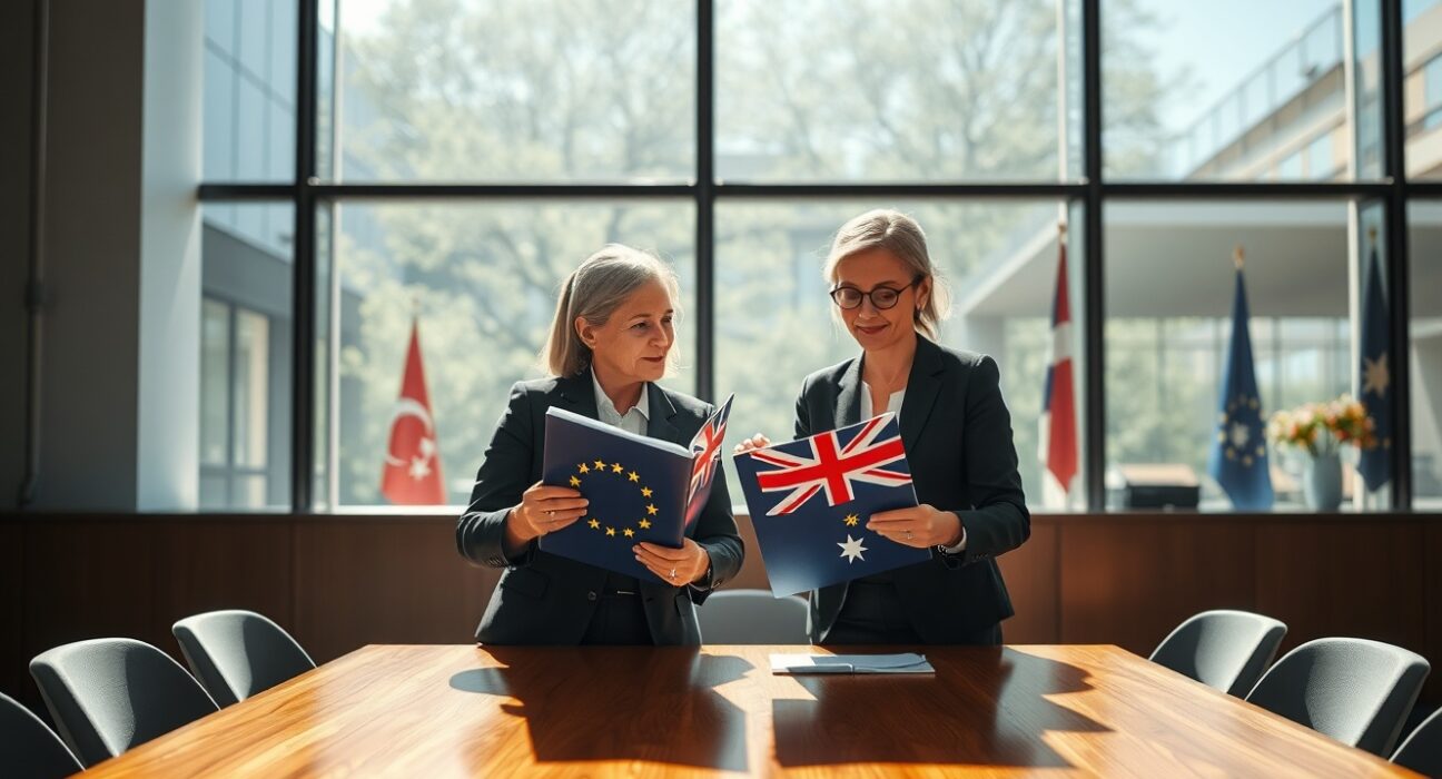 Officials finalizing the historic EU Australia trade deal agreement in Brussels.