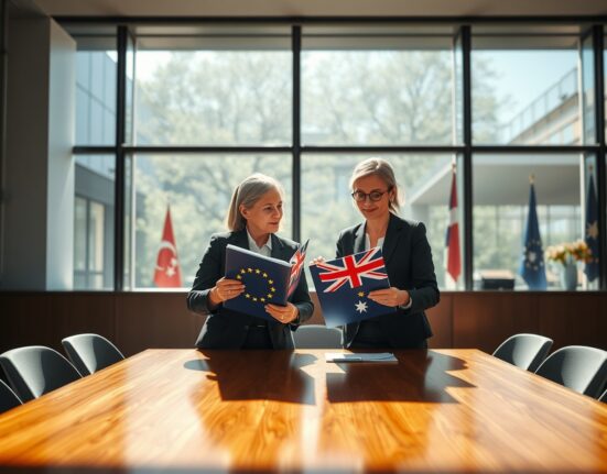 Officials finalizing the historic EU Australia trade deal agreement in Brussels.