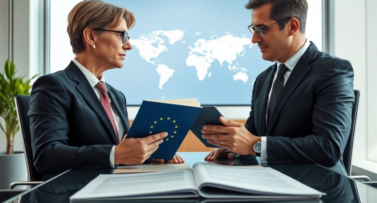 Diplomats discussing the strategic EU-Australia trade deal in a modern meeting room.