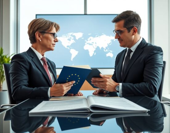 Diplomats discussing the strategic EU-Australia trade deal in a modern meeting room.