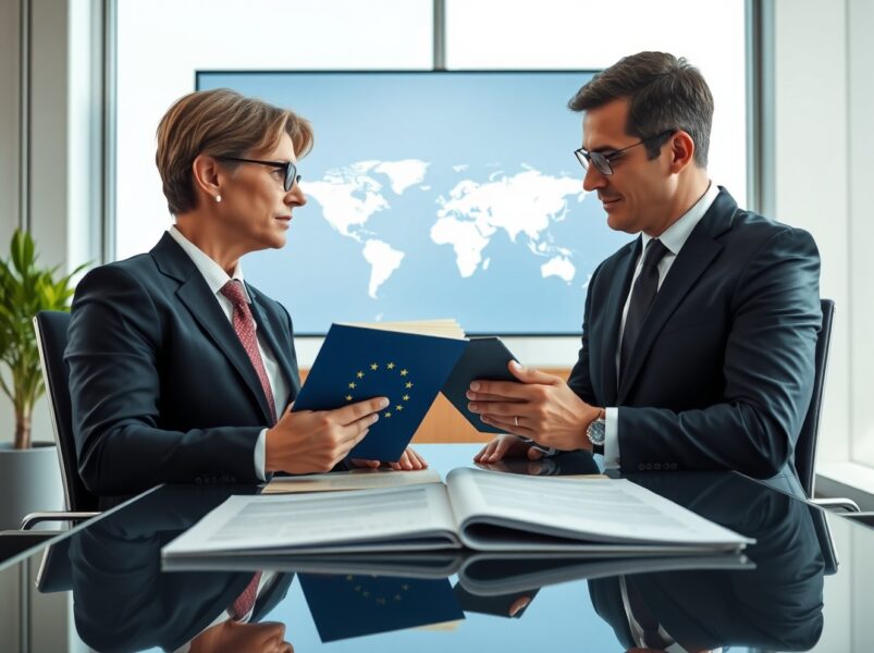 Diplomats discussing the strategic EU-Australia trade deal in a modern meeting room.