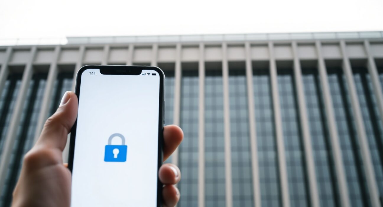 EU government building with a person holding a smartphone showing a cryptocurrency wallet with a padlock icon