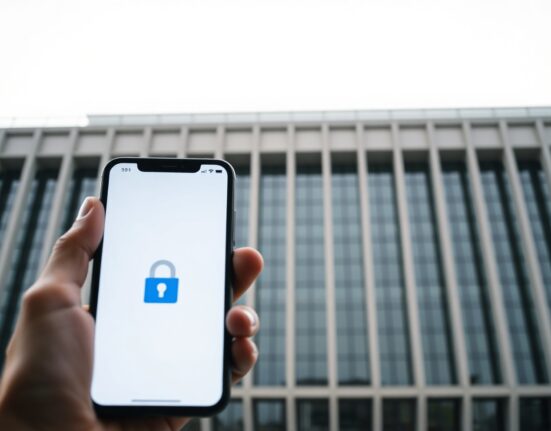 EU government building with a person holding a smartphone showing a cryptocurrency wallet with a padlock icon
