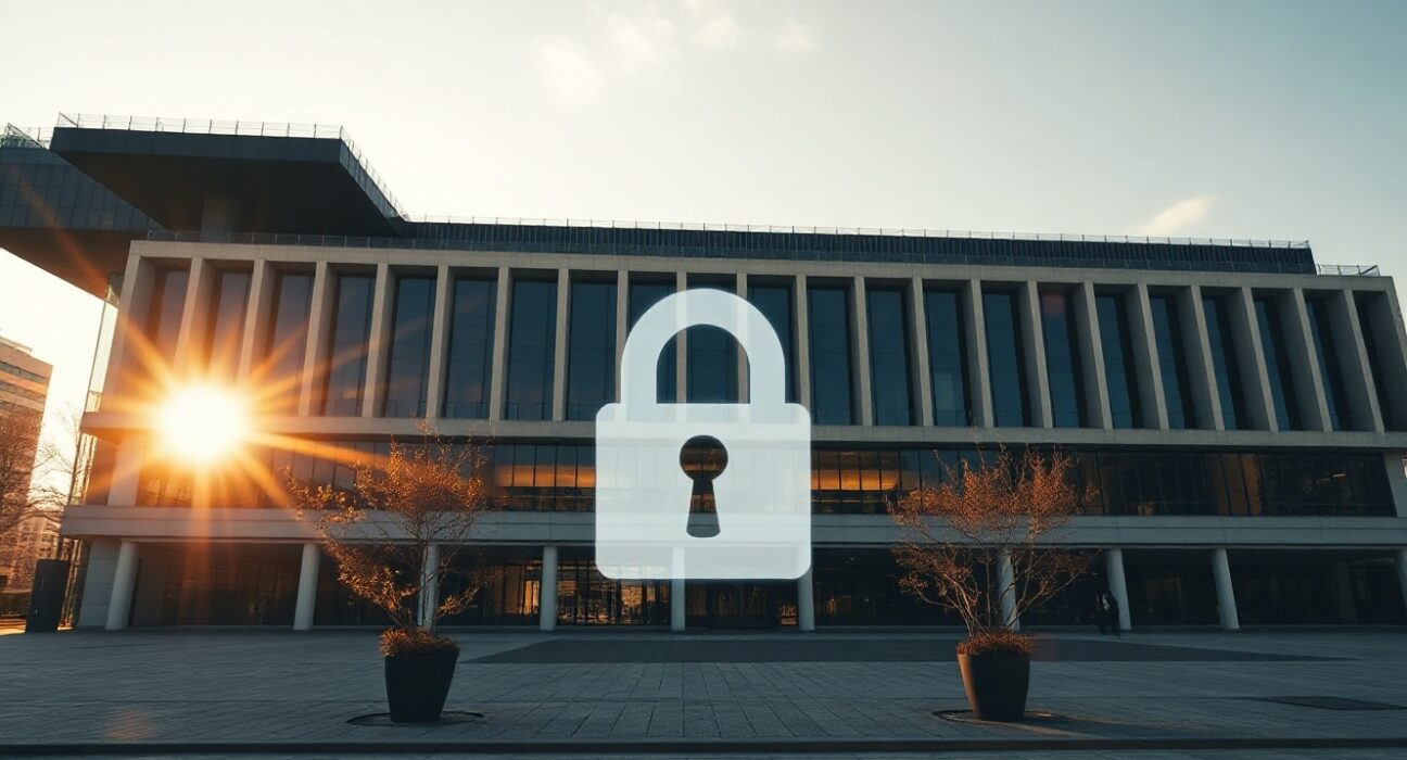 EU headquarters in Brussels with a digital padlock and key symbol representing MiCA crypto regulation enforcement.