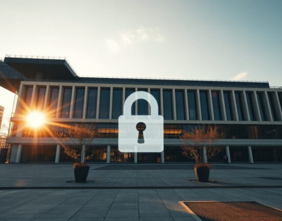 EU headquarters in Brussels with a digital padlock and key symbol representing MiCA crypto regulation enforcement.