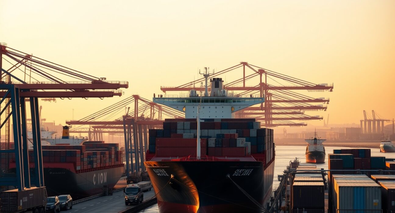Container ships at a European port at dawn, representing EU-China trade flows
