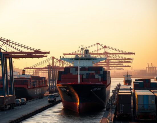 Container ships at a European port at dawn, representing EU-China trade flows