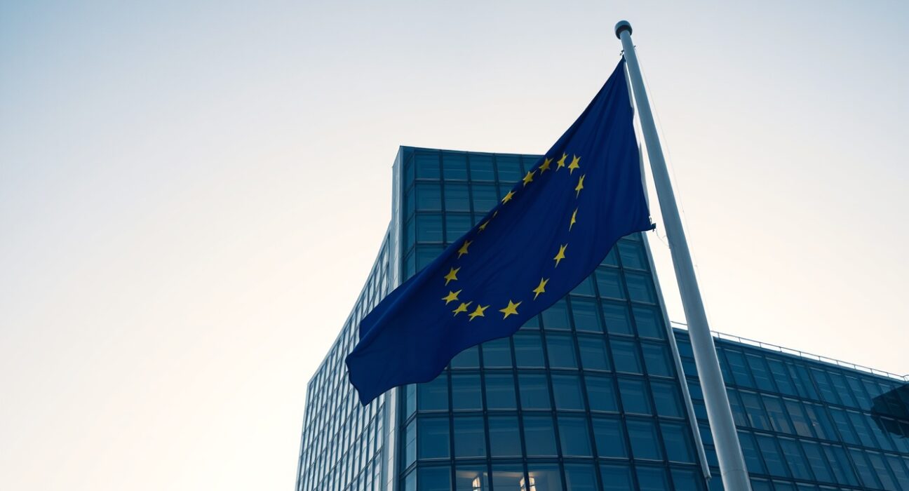 European Commission headquarters in Brussels on a clear morning with EU flag in foreground