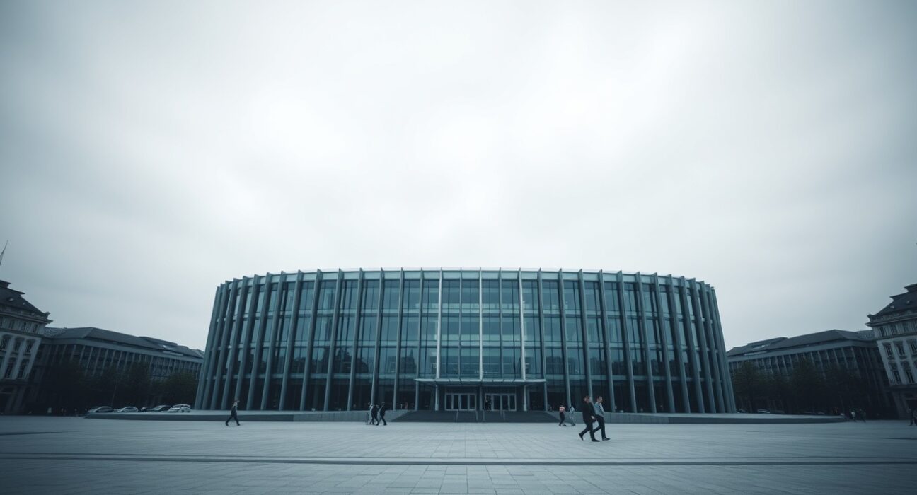 European Parliament building in Brussels under overcast sky, symbolizing EU regulatory decisions on crypto assets.