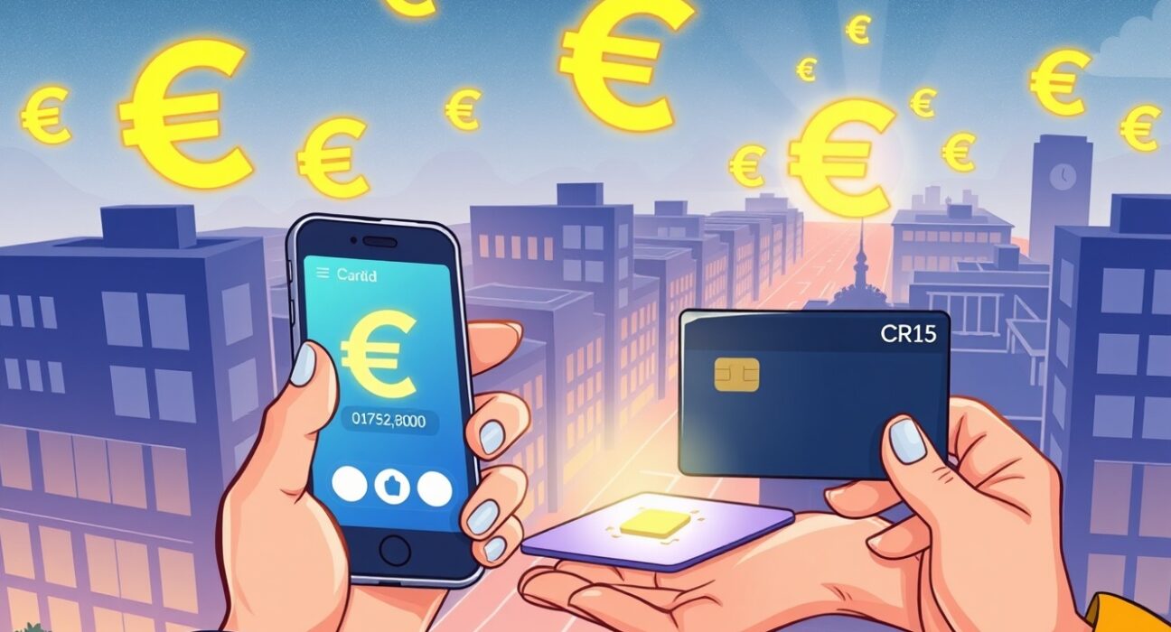 Illustration of the digital euro being used for both online payments and secure offline transactions in Europe.