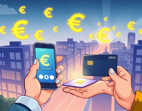 Illustration of the digital euro being used for both online payments and secure offline transactions in Europe.
