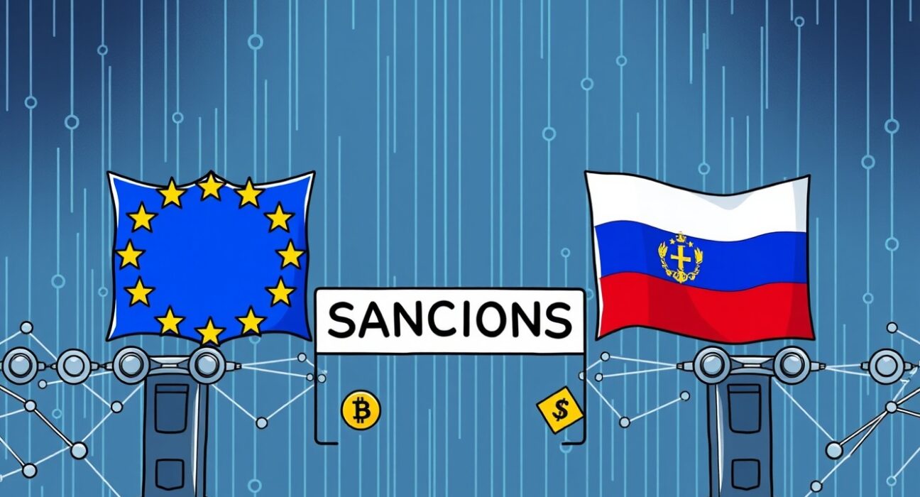 Cartoon illustration of the EU imposing new EU crypto sanctions against Russia, affecting digital asset flows.