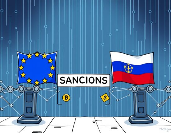 Cartoon illustration of the EU imposing new EU crypto sanctions against Russia, affecting digital asset flows.