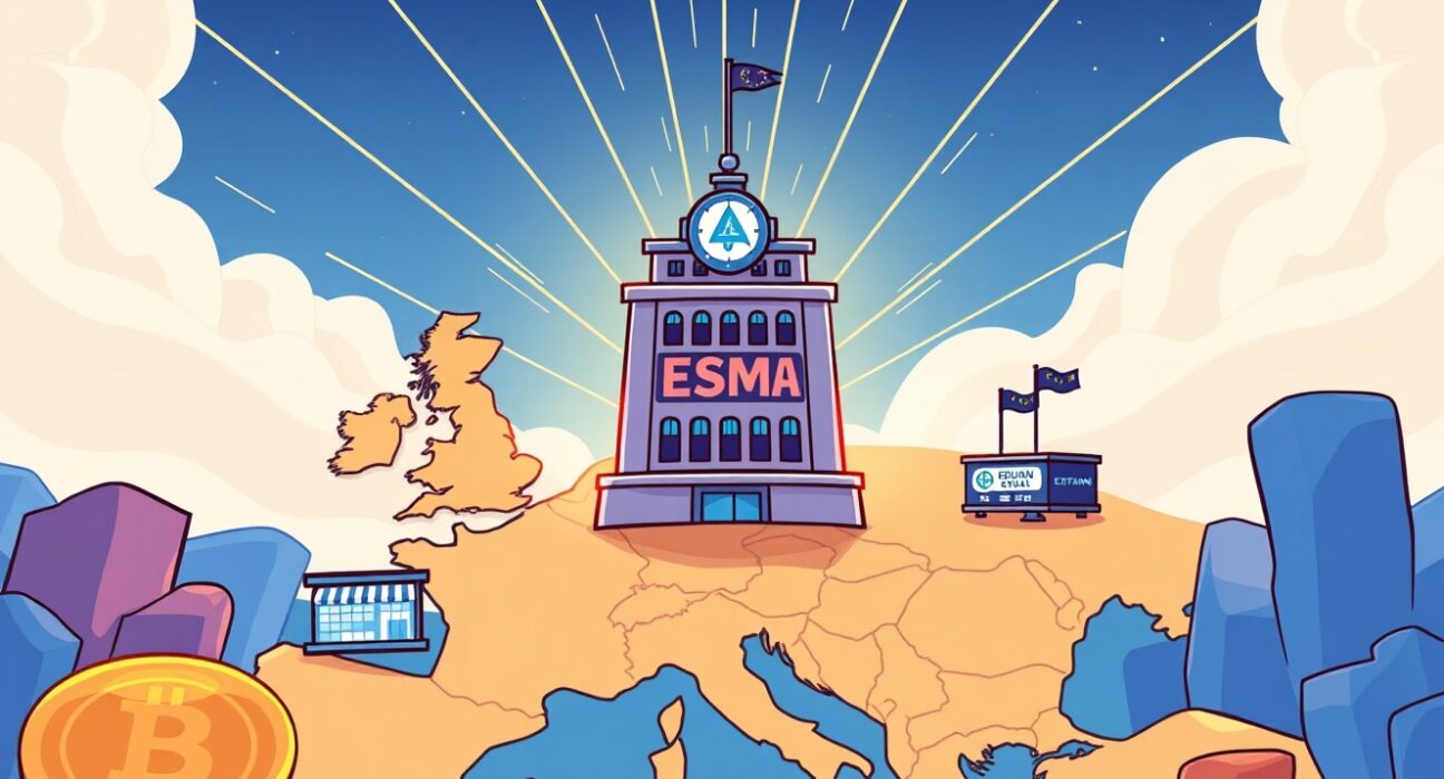 Cartoon showing ESMA unifying crypto supervision across Europe, symbolizing a consolidated regulatory approach for digital assets.