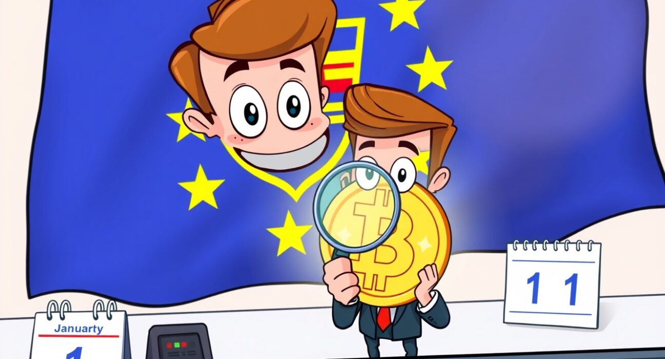 Cartoon illustration explaining the EU's new crypto tax reporting rules for digital assets.