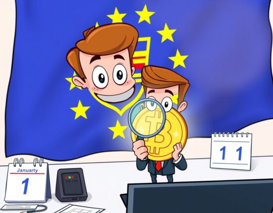 Cartoon illustration explaining the EU's new crypto tax reporting rules for digital assets.