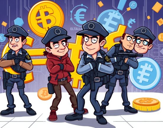 European authorities arresting suspects in massive cryptocurrency fraud scheme with digital money symbols