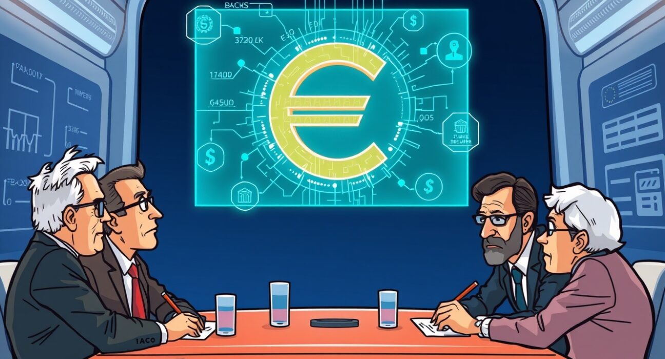 A cartoon illustration showing EU finance ministers discussing the crucial digital euro holding limits procedure for future financial stability.