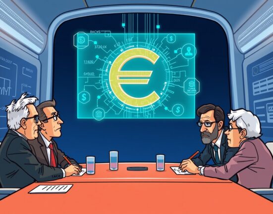 A cartoon illustration showing EU finance ministers discussing the crucial digital euro holding limits procedure for future financial stability.