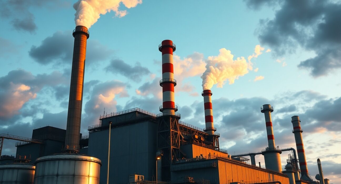 Large aluminium smelter at dusk with chimneys and cooling towers under a cloudy sky