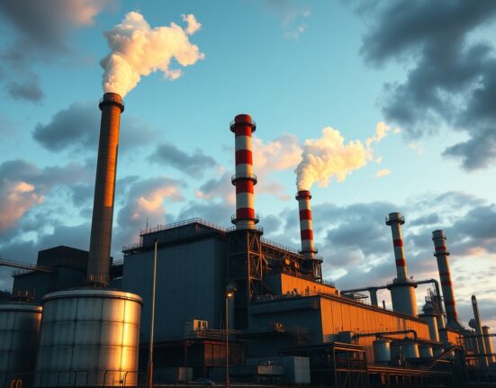 Large aluminium smelter at dusk with chimneys and cooling towers under a cloudy sky