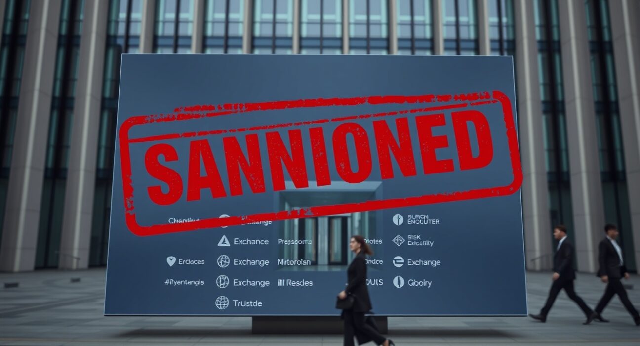 EU building exterior with digital screen showing sanctioned crypto platforms list
