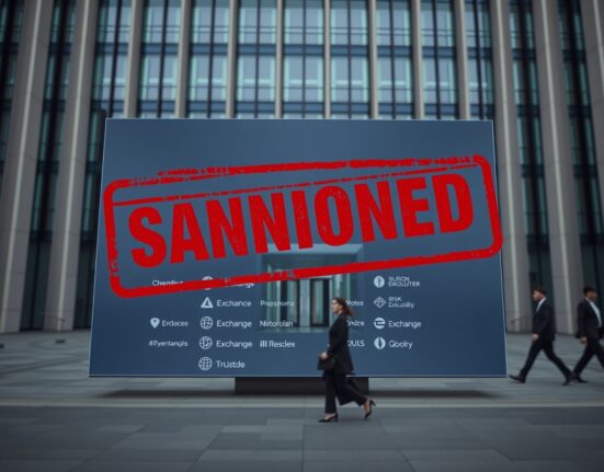 EU building exterior with digital screen showing sanctioned crypto platforms list