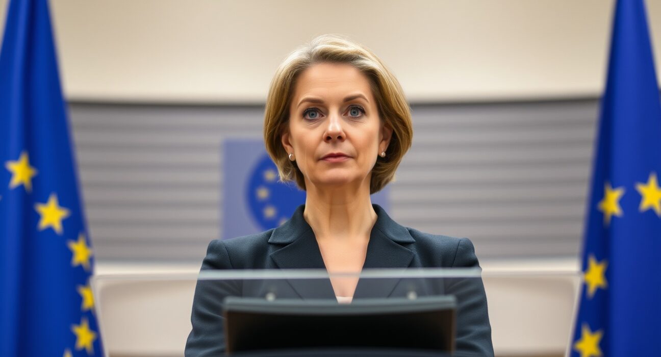 EU Foreign Affairs Chief Kaja Kallas speaking at a press conference condemning Iran's attacks on Bahrain and Kuwait.