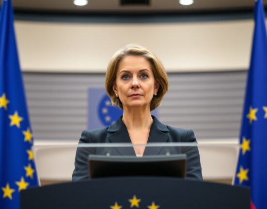 EU Foreign Affairs Chief Kaja Kallas speaking at a press conference condemning Iran's attacks on Bahrain and Kuwait.