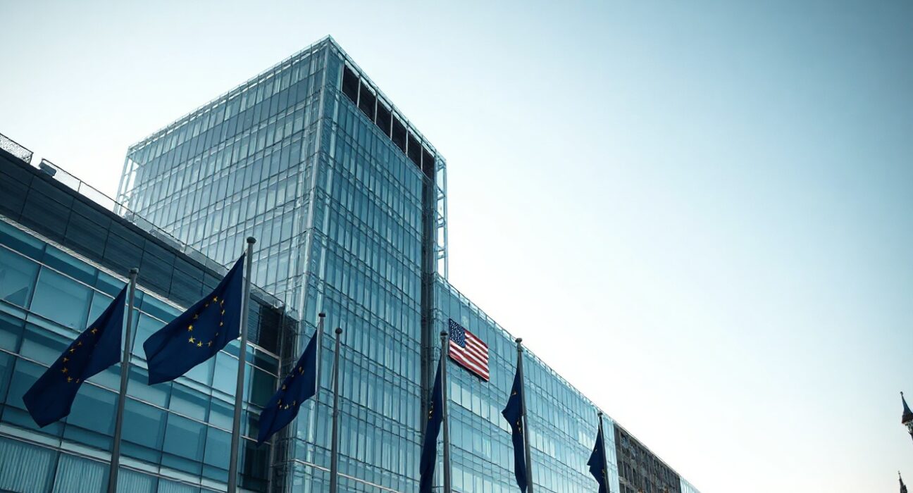 European Commission building in Brussels with EU flags, symbolizing regulatory action on stablecoins.