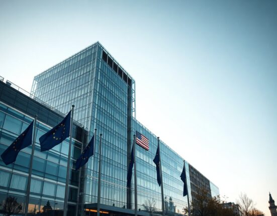 European Commission building in Brussels with EU flags, symbolizing regulatory action on stablecoins.