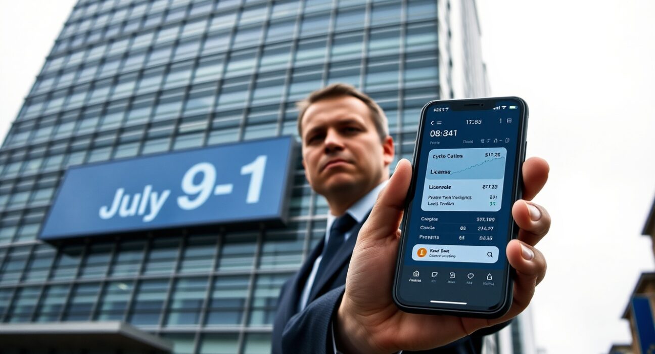 European Union building with digital clock showing approaching MiCA deadline, person holding smartphone with crypto app