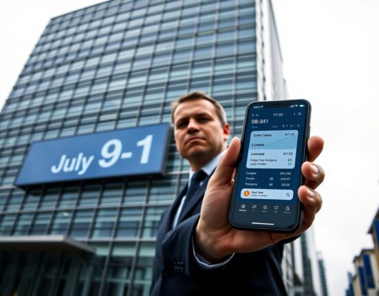 European Union building with digital clock showing approaching MiCA deadline, person holding smartphone with crypto app