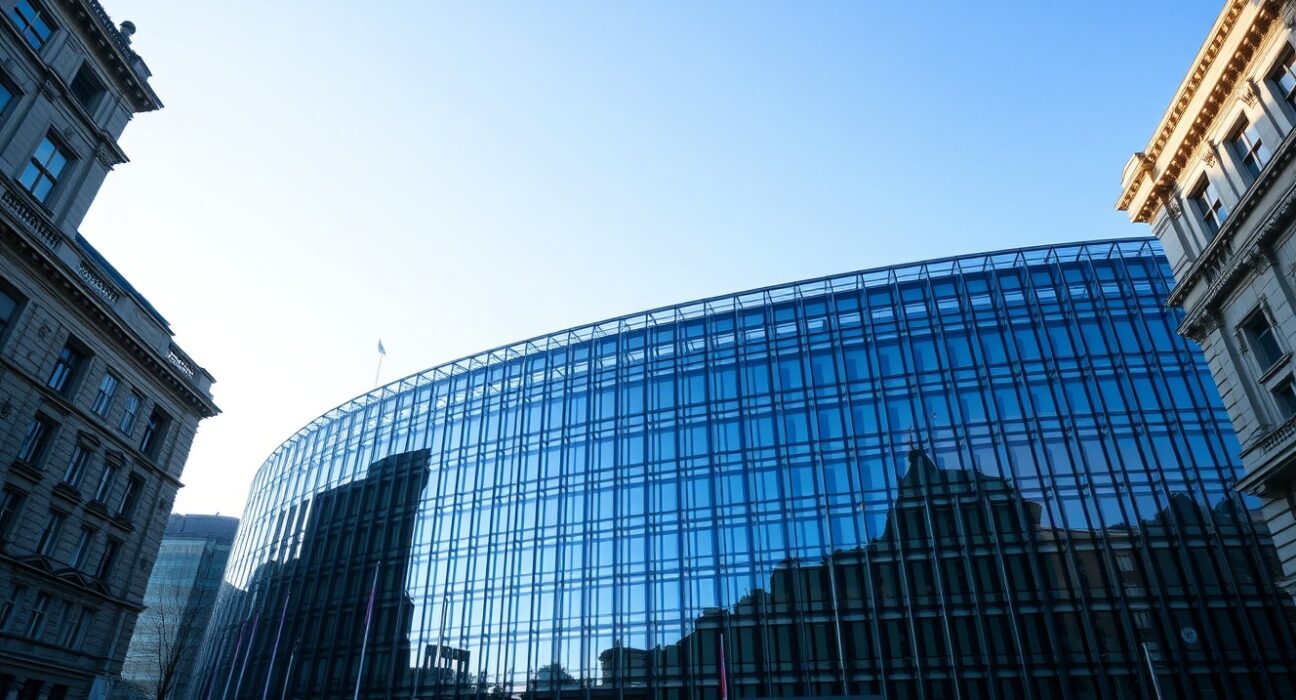 European Commission building in Brussels with digital blockchain overlay representing MiCA crypto regulation review