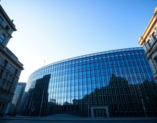 European Commission building in Brussels with digital blockchain overlay representing MiCA crypto regulation review