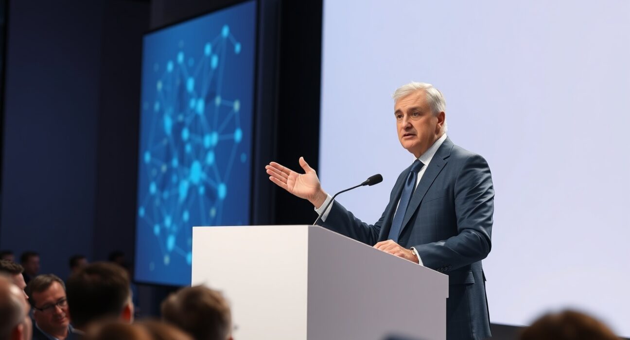 EU policy advisor discussing MiCA regulation revisions at Paris Blockchain Week conference