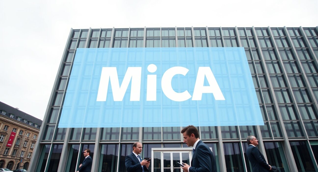 European Union headquarters building with MiCA regulation overlay, symbolizing new crypto rules.