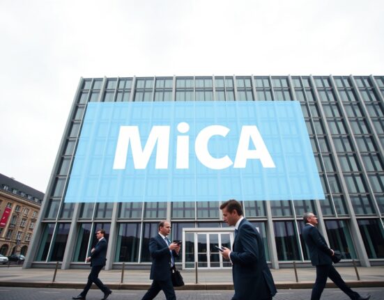 European Union headquarters building with MiCA regulation overlay, symbolizing new crypto rules.