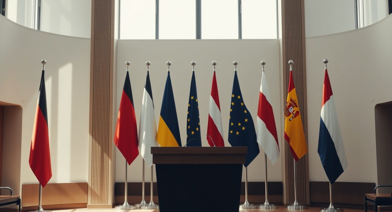 Six EU flags in a Brussels meeting room representing Germany, France, Italy, Poland, Spain, and the Netherlands